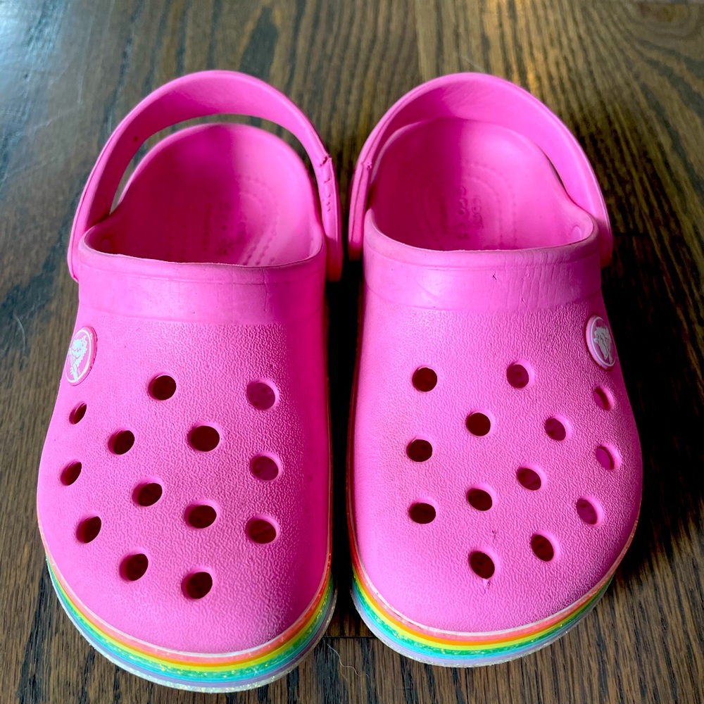 Girls Pink Rainbow Crocs
